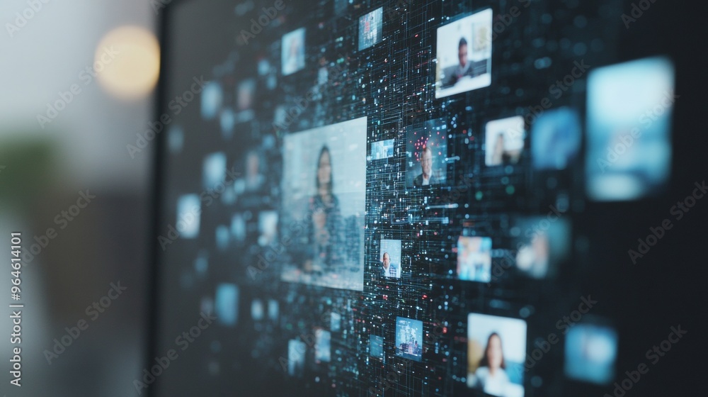 Poster virtual meeting with multiple participants on large monitor in digital newsroom background, signifyi