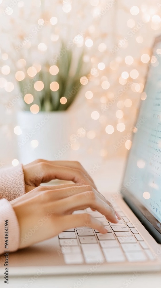 Poster Close-Up Hands Typing on Laptop Keyboard with Bokeh Background Capturing Virtual Learning