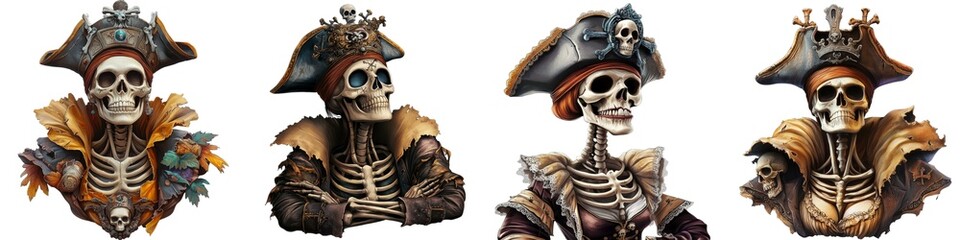 A collection of artistic pirate skeletons in various outfits, capturing a whimsical and adventurous spirit.