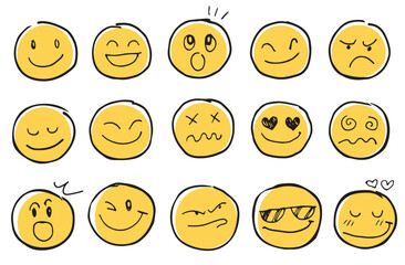 Fototapeta premium Doodle Emoticon Face Icon Set. Hand Drawn Sketch Emoji with Different Emotion and Mood. Vector illustration