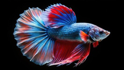 Fototapeta premium Vivid betta fish with multi colored fins swimming gracefully against dark background