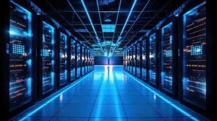 Data center interior with racks of servers and advanced lighting