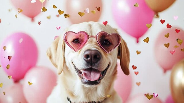 A cheerful Labrador dog sports heart shaped sunglasses, surrounded by colorful balloons and festive decorations for a joyful occasion