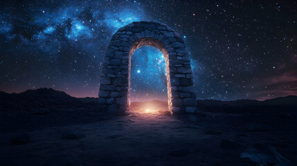 A stone archway standing in the middle of a desolate desert, glowing faintly, with a starry night sky visible through its opening
