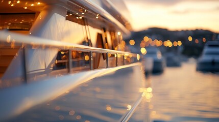 A serene sunset view of a luxury yacht in a marina, with soft lighting reflecting on the water.