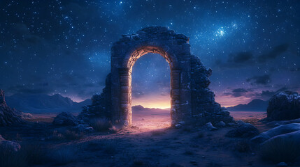 A stone archway standing in the middle of a desolate desert, glowing faintly, with a starry night sky visible through its opening