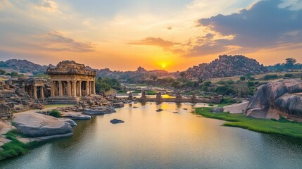 Fototapeta premium The serene Tungabhadra River flowing through the ancient ruins of Hampi at sunset.