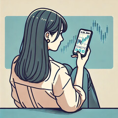 <イラスト>投資イメージ　スマホで投資をする若者