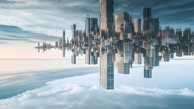 A surreal cityscape where all the buildings are upside down, suspended in the sky above a calm ocean, with their reflections mirrored perfectly in the water