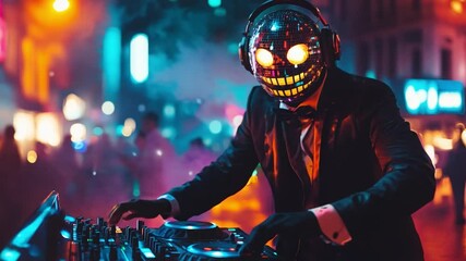 A DJ wearing a glowing Jack o lantern mask and headphones mixes music on a set of turntables at a Halloween festival party in night city - Powered by Adobe