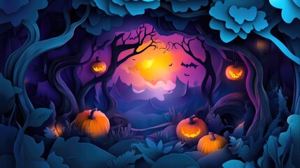 Paper cut style illustration of an enchanted forest with glowing pumpkins and twisted trees