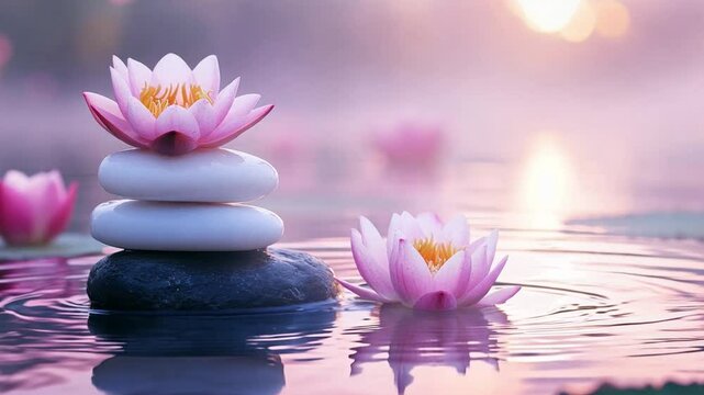 Delicate pink lotus flowers float on a calm pond, resting beside smooth, stacked zen stones as morning mist envelops the scene. Meditation and mindfulness concept