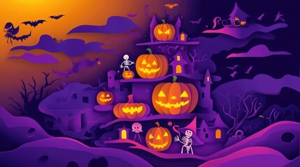 Fototapeta premium Paper cut style illustration of a pumpkin tower with Halloween characters like witches and skeletons