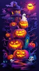 Paper cut style illustration of a pumpkin tower with Halloween characters like witches and skeletons