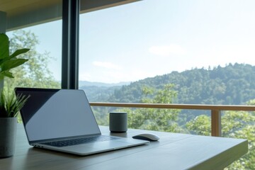 Fototapeta premium Modern Workspace with Gadgets Overlooking Scenic Landscape Through Large Window in Daylight