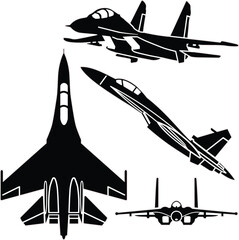Russian fighter jet airplane vector set with outline