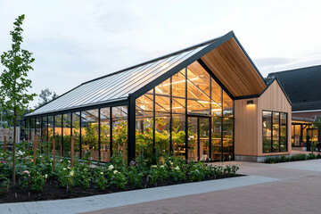 Fototapeta premium Modern Greenhouse with Wooden Frame in a Lush Garden