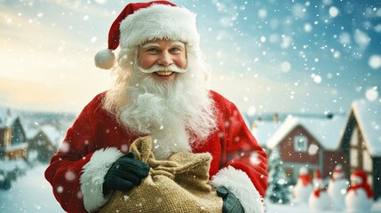 A cheerful Santa Claus in a snowy landscape, holding a sack, embodying the festive spirit of Christmas.