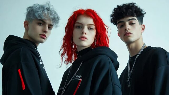 Three young people express distinct styles with vibrant hair colors and casual attire, creating a striking visual together