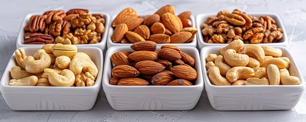 Assortment of various nuts in white bowls, including almonds, cashews, pecans and walnuts. Healthy snack food for breakfast or an afternoon treat.