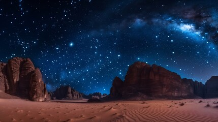 Obraz premium Starry sky over rocky desert mountains at night