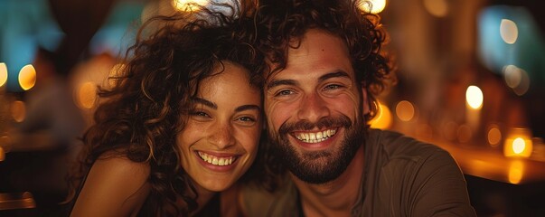 A couple laughing at an inside joke during a cozy dinner at home, faces lit with joy.