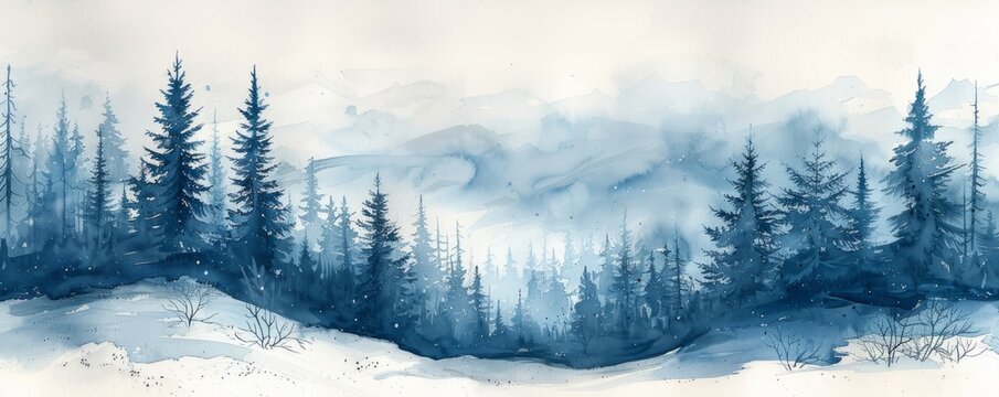 Watercolor abstract winter wonderland with snow-covered trees.