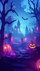 Paper cut style illustration of jack-o'-lanterns glowing in a foggy graveyard