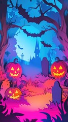 Paper cut style illustration of jack-o'-lanterns glowing in a foggy graveyard