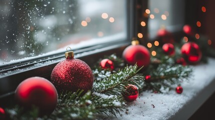 A cozy winter scene featuring red ornaments and greenery on a snowy windowsill, evoking holiday warmth.