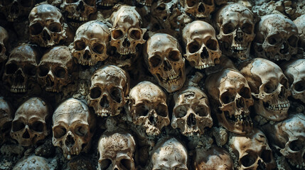 Haunting mythical underworld realm representing afterlife in ancient civilization. Intricate wall of skulls showcasing folklore and spiritual concepts of death across cultures.