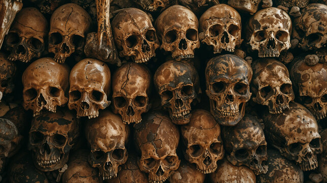 Macabre collection of human skulls stacked in rows. Ancient weathered bones with varied textures and decay. Chilling archaeological or historical display evoking mortality themes