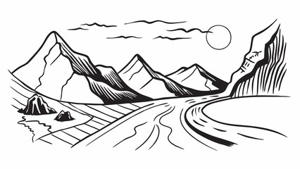 Fototapeta premium Black and white mountain range doodle art design on white background