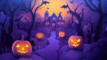 Paper cut style illustration of a haunted path lined with pumpkin lanterns, leading to a spooky mansion