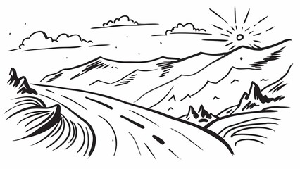 Fototapeta premium Black and white mountain range doodle art design on white background