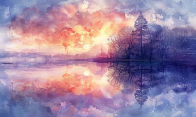 Naklejka premium Watercolor abstract twilight reflections on white.