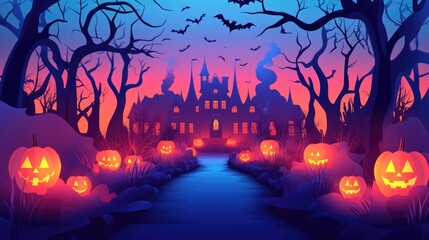 Paper cut style illustration of a haunted path lined with pumpkin lanterns, leading to a spooky mansion