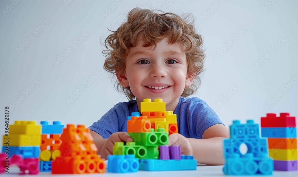 Wall mural A child with a happy grin, playing with colorful building blocks and creating a tower with imagination and creativity against a plain white background. 4K hyperrealistic photo.