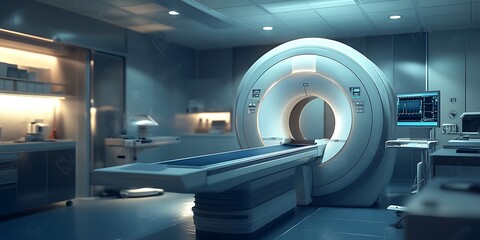 The modern medical setting features a state-of-the-art MRI scanner in a hospital room