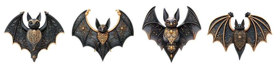 A collection of ornate bat sculptures showcasing intricate designs and rich colors, perfect for Halloween or gothic decor.