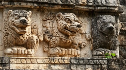 Obraz premium The Temple of the Jaguars at Chichen Itza, with its detailed stone carvings of jaguars and Mayan symbols.