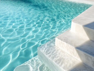 Obraz premium Close-up View of a Luxurious Concrete Swimming Pool with Crystal-Clear Water and Gentle Ripples Under a Summer Sun