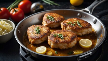 Chicken cutlets frying in a stainless steel pan with space for culinary content.