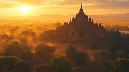 The Thatbyinnyu Temple in Bagan, towering over the surrounding landscape, with the sun setting in the background.