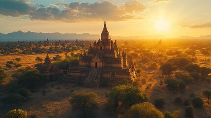 The Thatbyinnyu Temple in Bagan, towering over the surrounding landscape, with the sun setting in the background.
