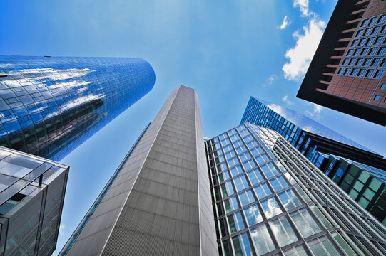 Modern highrises and Office buildings seen from below, in the financial district of a modern city. 