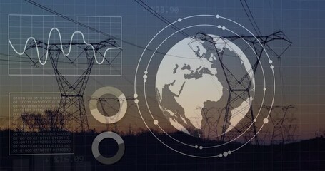 Animation of data processing with globe over electricity pylons - Powered by Adobe