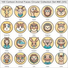 Cartoon Animal Faces Circular Collection Set of 100 Isolated Animals Part 3