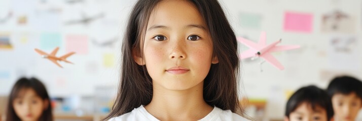 Asian Female Educator Teaching Aviation to Attentive Students in Classroom with Model Airplanes