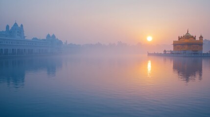 Naklejka premium Serene Lake at Sunset with the Sikh Golden Temple 